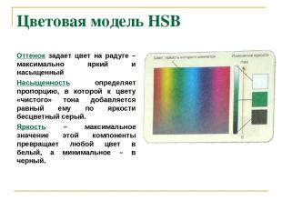 Цветовая модель HSB Оттенок задает цвет на радуге – максимально яркий и насыщенн