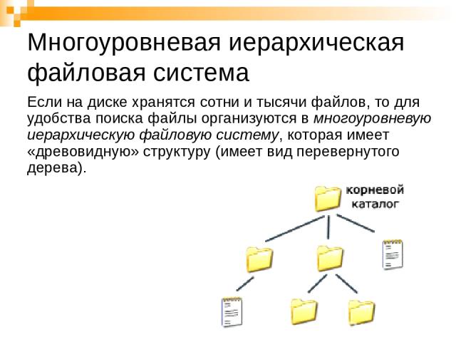 Многоуровневая иерархическая файловая система Если на диске хранятся сотни и тысячи файлов, то для удобства поиска файлы организуются в многоуровневую иерархическую файловую систему, которая имеет «древовидную» структуру (имеет вид перевернутого дерева).