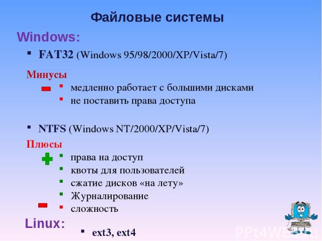 Файловые системы FAT32 (Windows 95/98/2000/XP/Vista/7) Минусы медленно работает с большими дисками не поставить права доступа NTFS (Windows NT/2000/XP/Vista/7) Плюсы права на доступ квоты для пользователей сжатие дисков «на лету» Журналирование слож…