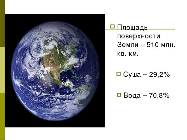 Площадь поверхности Земли – 510 млн. кв. км. Суша – 29,2% Вода – 70,8%