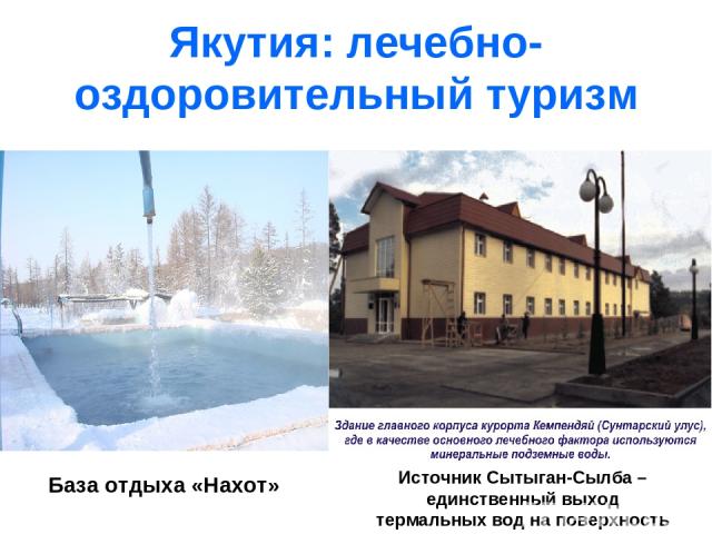 Якутия: лечебно-оздоровительный туризм База отдыха «Нахот» Источник Сытыган-Сылба – единственный выход термальных вод на поверхность