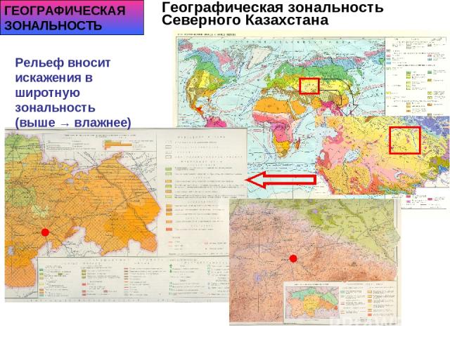 ГЕОГРАФИЧЕСКАЯ ЗОНАЛЬНОСТЬ Географическая зональность Северного Казахстана Рельеф вносит искажения в широтную зональность (выше → влажнее)