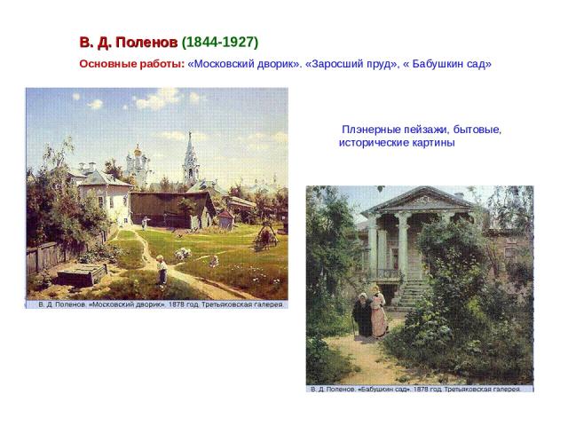 В. Д. Поленов (1844-1927) Основные работы: «Московский дворик». «Заросший пруд», « Бабушкин сад» Плэнерные пейзажи, бытовые, исторические картины