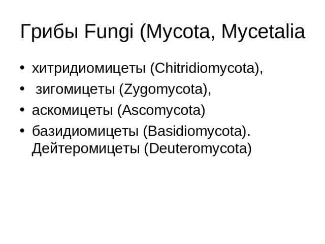Грибы Fungi (Mycota, Mycetalia хитридиомицеты (Chitridiomycota), зигомицеты (Zygomycota), аскомицеты (Ascomycota) базидиомицеты (Basidiomycota). Дейтеромицеты (Deuteromycota)