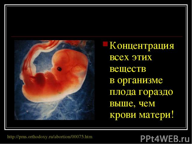 Концентрация всех этих веществ в организме плода гораздо выше, чем крови матери! http://pms.orthodoxy.ru/abortion/00075.htm