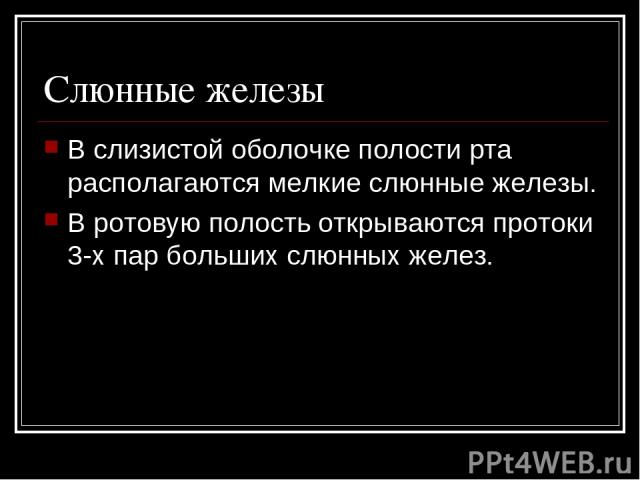 Слюнные железы В слизистой оболочке полости рта располагаются мелкие слюнные железы. В ротовую полость открываются протоки 3-х пар больших слюнных желез.