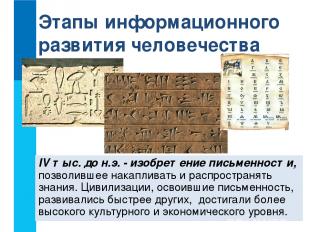 IV тыс. до н.э. - изобретение письменности, позволившее накапливать и распростра