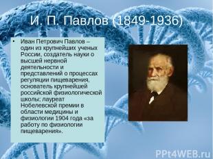 И. П. Павлов (1849-1936) Иван Петрович Павлов – один из крупнейших ученых России