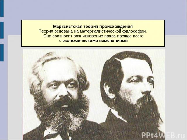 Марксистская теория происхождения Теория основана на материалистической философии. Она соотносит возникновение права прежде всего с экономическими изменениями