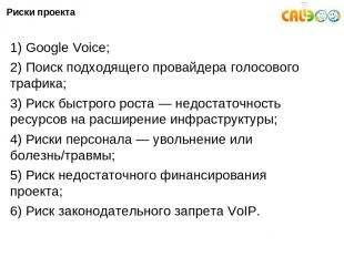 Риски проекта 1) Google Voice; 2) Поиск подходящего провайдера голосового трафик