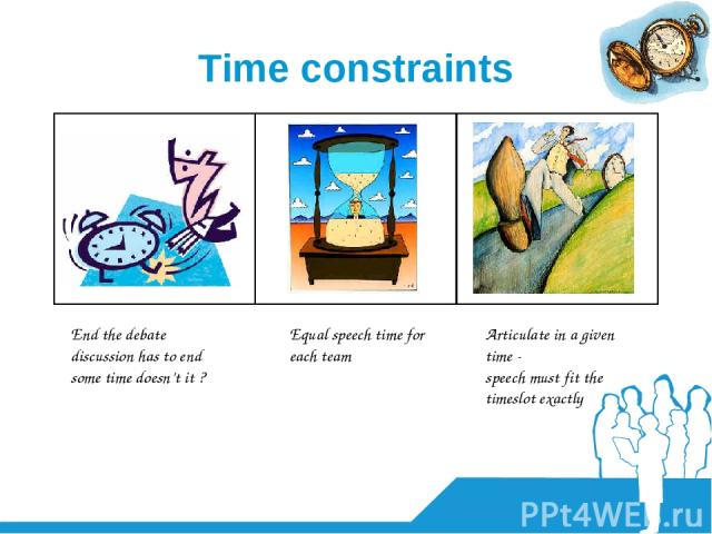 Time constraints End the debate discussion has to end some time doesn’t it ? Equal speech time for each team Articulate in a given time - speech must fit the timeslot exactly