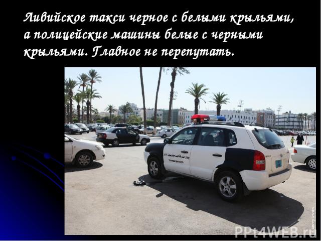 Ливийское такси черное с белыми крыльями, а полицейские машины белые с черными крыльями. Главное не перепутать.