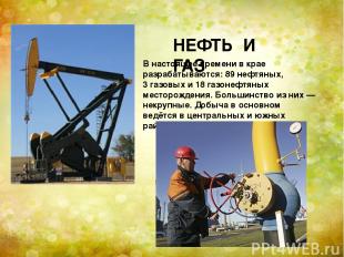 НЕФТЬ И ГАЗ В настоящее времени в крае разрабатываются: 89 нефтяных, 3 газовых и