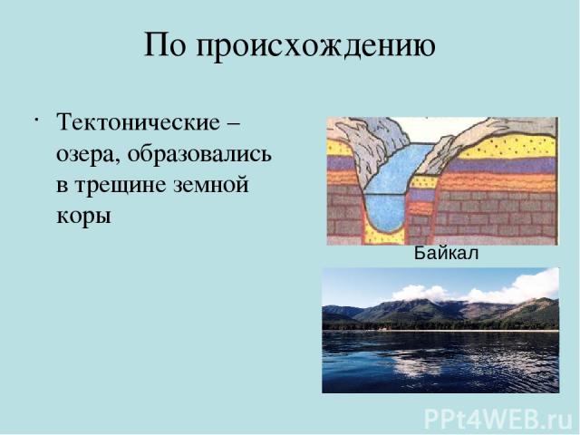 По происхождению Тектонические – озера, образовались в трещине земной коры Байкал