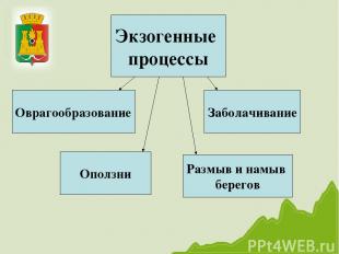 Экзогенные процессы Размыв и намыв берегов Оврагообразование Оползни Заболачиван