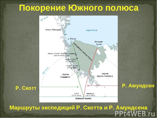 Маршруты экспедиций Р. Скотта и Р. Амундсена Р. Амундсен Р. Скотт Покорение Южного полюса