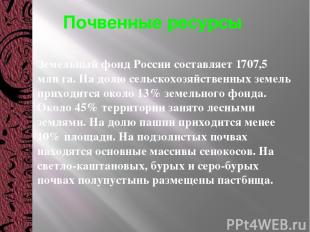 Почвенные ресурсы Земельный фонд России составляет 1707,5 млн га. На долю сельск
