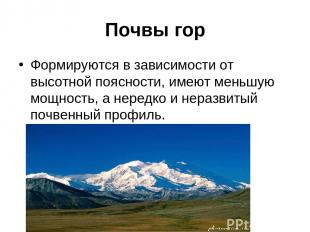 Почвы гор Формируются в зависимости от высотной поясности, имеют меньшую мощност