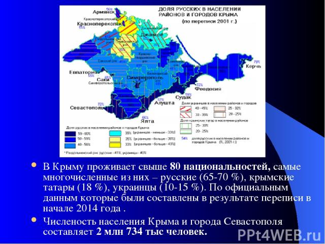 В Крыму проживает свыше 80 национальностей, самые многочисленные из них – русские (65-70 %), крымские татары (18 %), украинцы (10-15 %). По официальным данным которые были составлены в результате переписи в начале 2014 года . Численость населения Кр…
