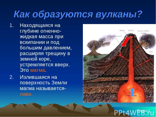 Как образуются вулканы? Находящаяся на глубине огненно-жидкая масса при вскипании и под большим давлением, расширяя трещину в земной коре, устремляется вверх. Это магма. Излившаяся на поверхность Земли магма называется- лава. Видео1