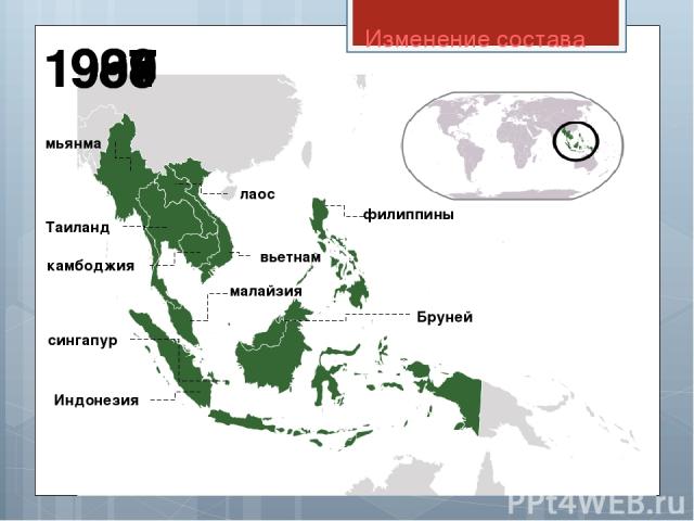 Изменение состава Таиланд Индонезия сингапур филиппины малайзия мьянма вьетнам лаос камбоджия Бруней 1967 1984 1995 1997 1999