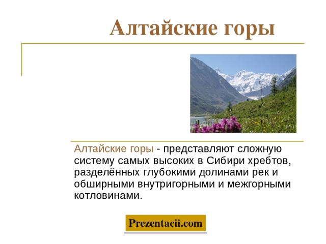 Алтайские горы Алтайские горы - представляют сложную систему самых высоких в Сибири хребтов, разделённых глубокими долинами рек и обширными внутригорными и межгорными котловинами. Prezentacii.com