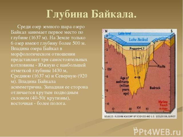 Глубина Байкала. Среди озер земного шара озеро Байкал занимает первое место по глубине (1637 м). На Земле только 6 озер имеют глубину более 500 м. Впадина озера Байкал в морфологическом отношении представляет три самостоятельных котловины - Южную с …