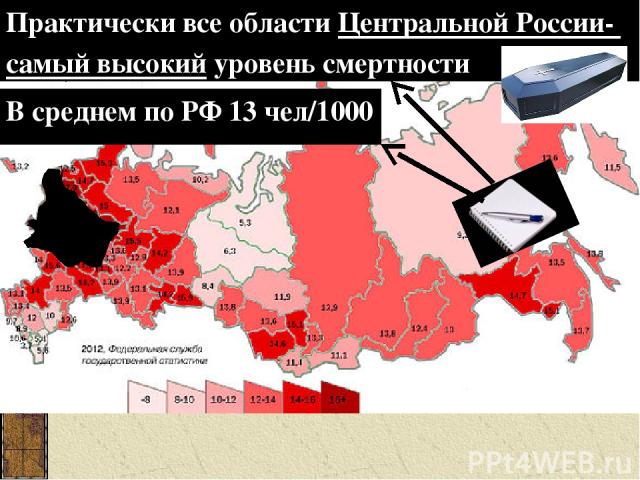Практически все области Центральной России- самый высокий уровень смертности В среднем по РФ 13 чел/1000