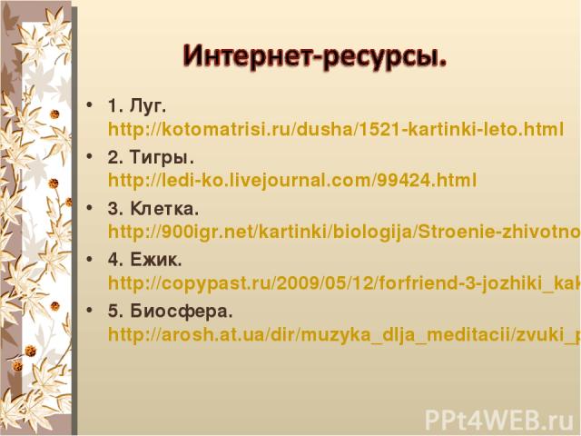 1. Луг. http://kotomatrisi.ru/dusha/1521-kartinki-leto.html 2. Тигры. http://ledi-ko.livejournal.com/99424.html 3. Клетка. http://900igr.net/kartinki/biologija/Stroenie-zhivotnoj-kletki/003-Stroenie-rastitelnoj-kletki.html 4. Ежик. http://copypast.r…