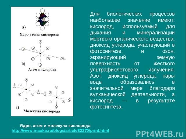 Для биологических процессов наибольшее значение имеют: кислород, используемый для дыхания и минерализации мертвого органического вещества, диоксид углерода, участвующий в фотосинтезе, и озон, экранирующий земную поверхность от жесткого ультрафиолето…