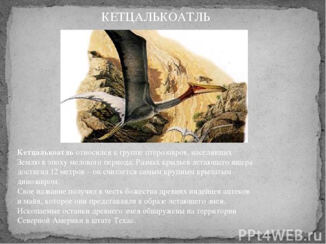 Кетцалькоатль относился к группе птерозавров, населявших Землю в эпоху мелового периода. Размах крыльев летающего ящера достигал 12 метров – он считается самым крупным крылатым динозавром.  Свое название получил в честь божества древних индейцев ацт…