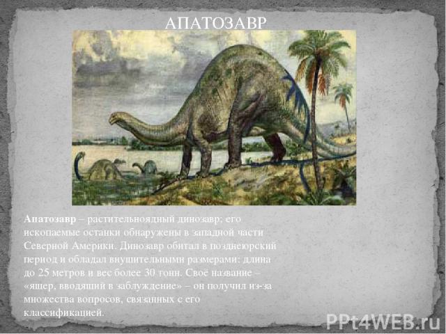 Апатозавр – растительноядный динозавр; его ископаемые останки обнаружены в западной части Северной Америки. Динозавр обитал в позднеюрский период и обладал внушительными размерами: длина до 25 метров и вес более 30 тонн. Своё название – «ящер, вводя…