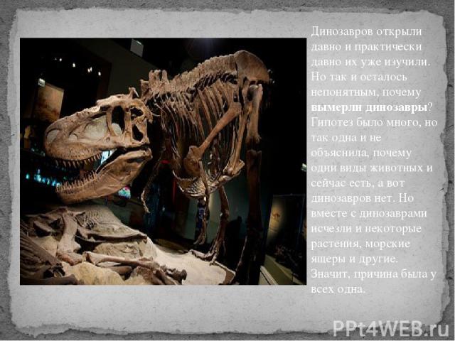 Динозавров открыли давно и практически давно их уже изучили. Но так и осталось непонятным, почему вымерли динозавры? Гипотез было много, но так одна и не объяснила, почему одни виды животных и сейчас есть, а вот динозавров нет. Но вместе с динозавра…