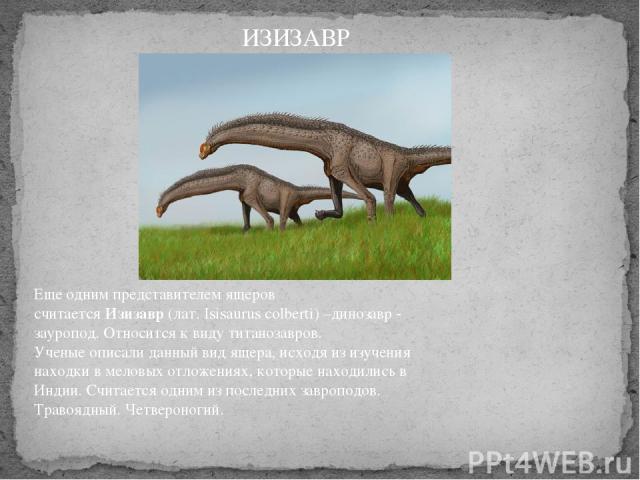 Еще одним представителем ящеров считается Изизавр (лат. Isisaurus colberti) –динозавр - зауропод. Относится к виду титанозавров.  Ученые описали данный вид ящера, исходя из изучения находки в меловых отложениях, которые находились в Индии. Считается…