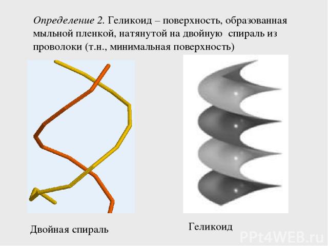 Определение 2. Геликоид – поверхность, образованная мыльной пленкой, натянутой на двойную спираль из проволоки (т.н., минимальная поверхность) Двойная спираль Геликоид