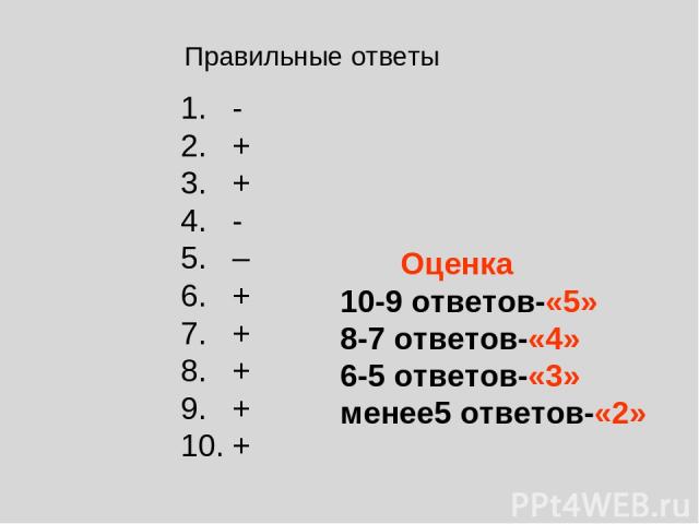 1. - 2. + 3. + 4. - 5. – 6. + 7. + 8. + 9. + 10. + Правильные ответы Оценка 10-9 ответов-«5» 8-7 ответов-«4» 6-5 ответов-«3» менее5 ответов-«2»