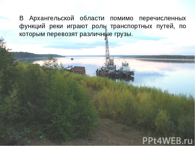 В Архангельской области помимо перечисленных функций реки играют роль транспортных путей, по которым перевозят различные грузы.