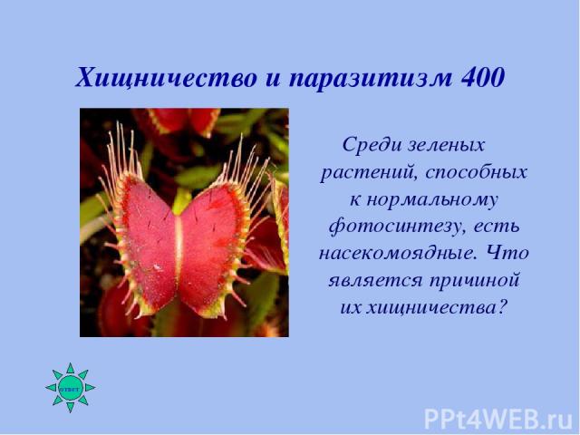 Хищничество и паразитизм 400 Среди зеленых растений, способных к нормальному фотосинтезу, есть насекомоядные. Что является причиной их хищничества?