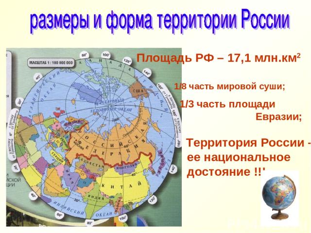Площадь РФ – 17,1 млн.км2 1/8 часть мировой суши; 1/3 часть площади Евразии; Территория России – ее национальное достояние !!!