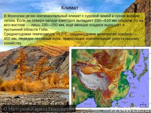 Климат В Монголии резко континентальный климат с суровой зимой и сухим жарким ле