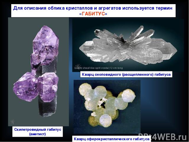Для описания облика кристаллов и агрегатов используется термин «ГАБИТУС» Скипетровидный габитус (аметист) Кварц сноповидного (расщепленного) габитуса Кварц сферокристаллического габитуса
