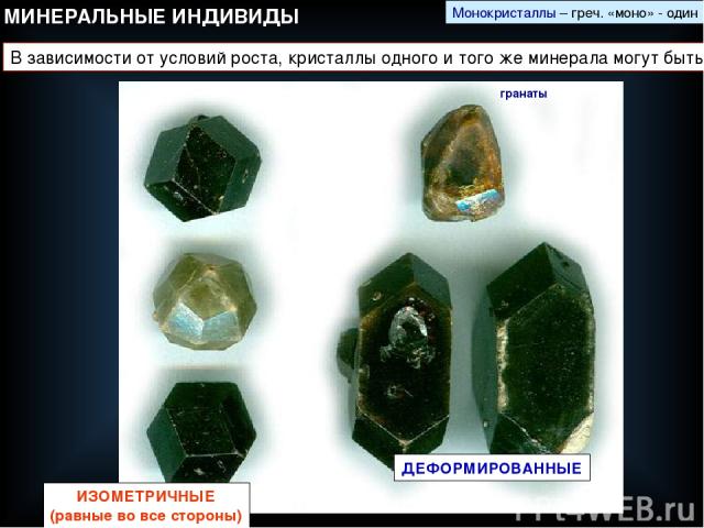 МИНЕРАЛЬНЫЕ ИНДИВИДЫ Монокристаллы – греч. «моно» - один ИЗОМЕТРИЧНЫЕ (равные во все стороны) ДЕФОРМИРОВАННЫЕ В зависимости от условий роста, кристаллы одного и того же минерала могут быть гранаты