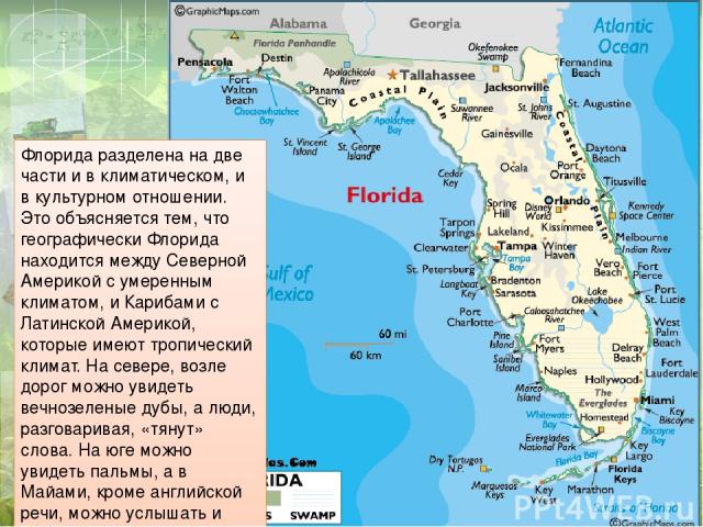 Флорида разделена на две части и в климатическом, и в культурном отношении. Это объясняется тем, что географически Флорида находится между Северной Америкой с умеренным климатом, и Карибами с Латинской Америкой, которые имеют тропический климат. На …