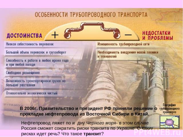 В 2006г. Правительство и президент РФ приняли решение о прокладке нефтепровода из Восточной Сибири в Китай. Нефтепровод ляжет по и дну Черного моря- в этом случае Россия сможет сократить риски транзита по Украине. О каких рисках идет речь? Что такое…