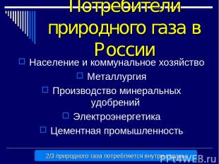 Потребители природного газа в России Население и коммунальное хозяйство Металлур