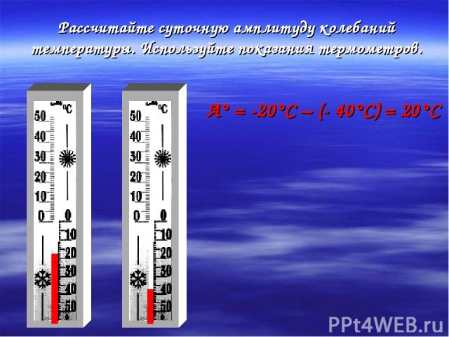 Рассчитайте суточную амплитуду колебаний температуры. Используйте показания термометров. А° = -20°С – (- 40°С) = 20°С