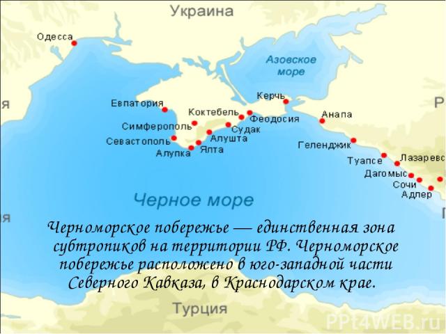Черноморское побережье — единственная зона субтропиков на территории РФ. Черноморское побережье расположено в юго-западной части Северного Кавказа, в Краснодарском крае.