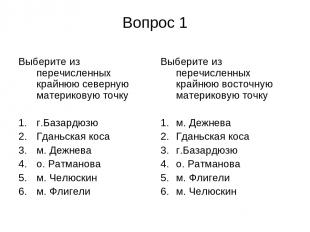 Вопрос 1 Выберите из перечисленных крайнюю северную материковую точку г.Базардюз