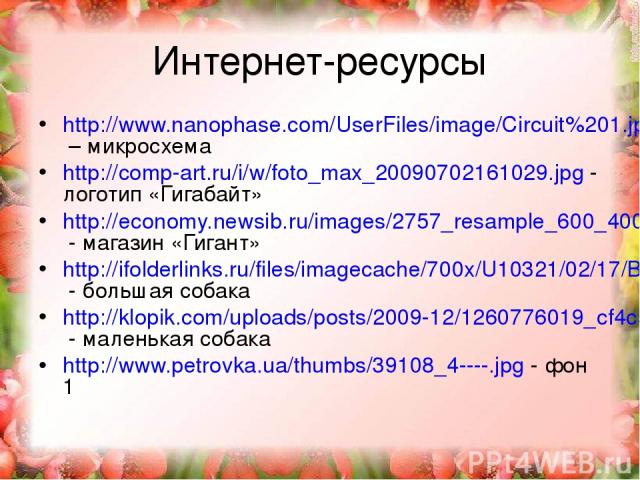 Интернет-ресурсы http://www.nanophase.com/UserFiles/image/Circuit%201.jpg – микросхема http://comp-art.ru/i/w/foto_max_20090702161029.jpg - логотип «Гигабайт» http://economy.newsib.ru/images/2757_resample_600_400.jpg - магазин «Гигант» http://ifolde…