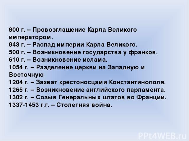 Соотнесите даты и события верно Дата Событие Захват крестоносцами Константинополя. Распад империи Карла Великого. Провозглашение Карла Великого императором. Возникновение государства у франков. Возникновение ислама. Разделение церкви на Западную и В…